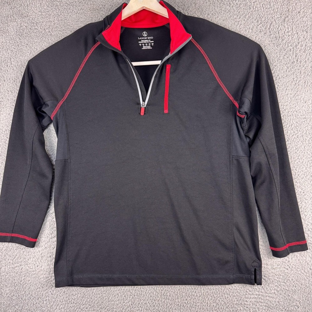 Lands End Quarter Zip Pullover Mens Large Black Red Tailored Fit Performance